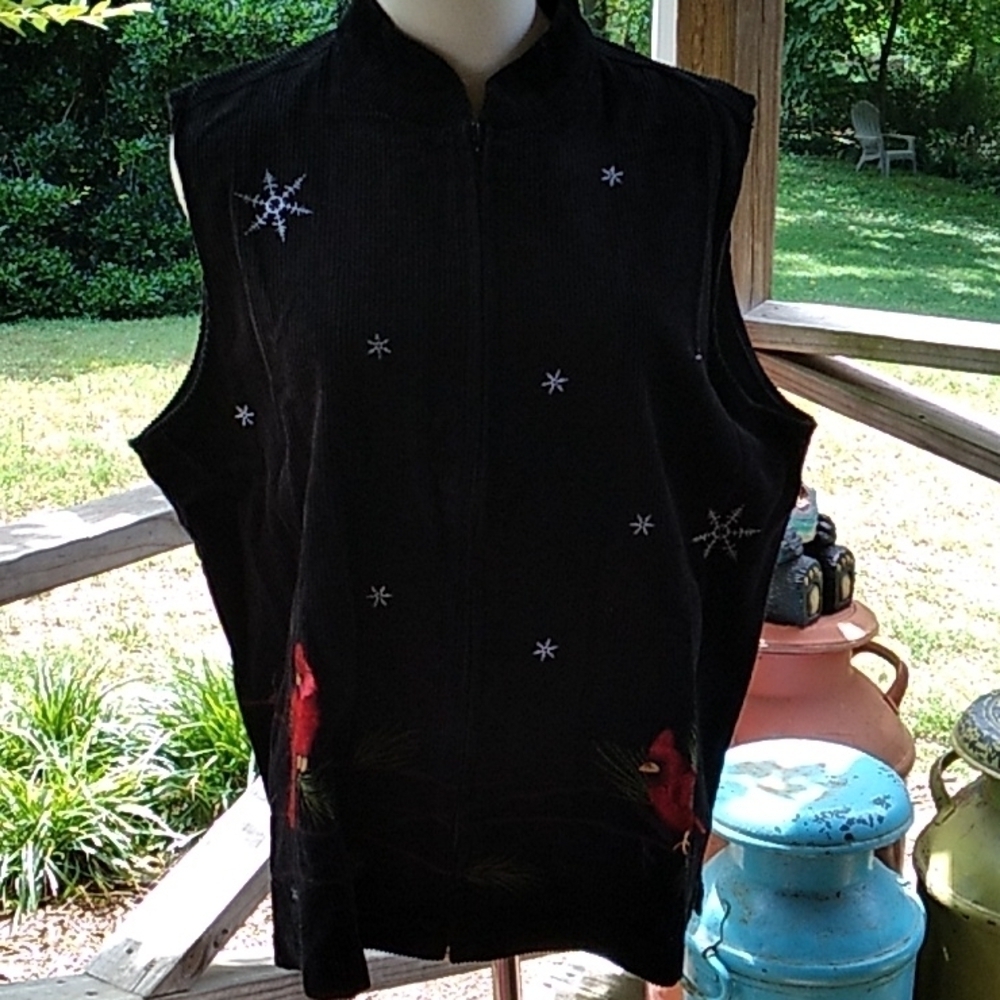 BAXTER & WELLS black cardigan vest red cardinal birds 🐦